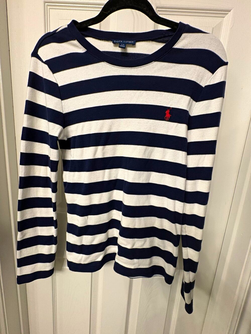 Ralph Lauren Navy/White Striped Crewneck Logo Cotton Knit Pullover Shirt L